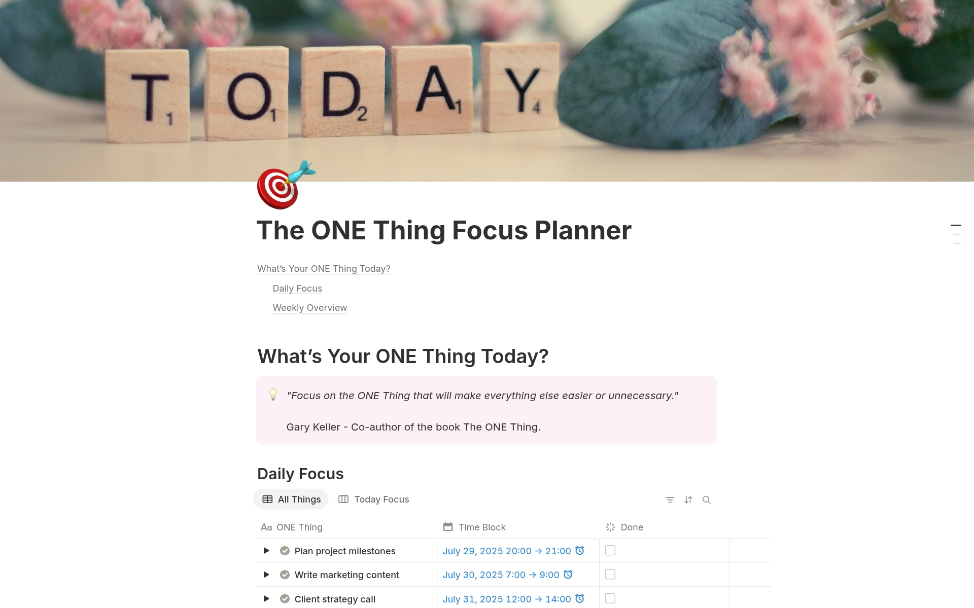 The ONE Thing Focus Planner Template